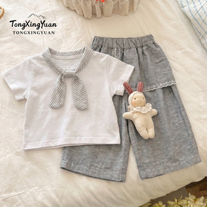 TongXingYuan Baby Girls Summer Two Piece Set Short Sleeve Top Wide Leg Pants Breathable Korean Style - Product Image 1