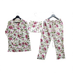 Style floral main bloc imprimé coton biologique 2 pièces ensemble de pyjama pour femmes taille élastique lavable en Machine hiver printemps été - Product Image 1