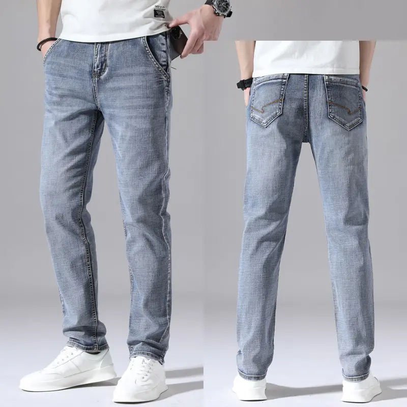 Spring style jeans men's straight tube trend Korean version elastic slim fit small foot black spring casual men's trousers long