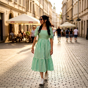 Vestido Maxi a Rayas Verdes y Blancas con Mangas Abullonadas para Mujer, con Tela Ligera, Estilo Moderno y Elegante, Ajuste Cómodo - Product Image 1
