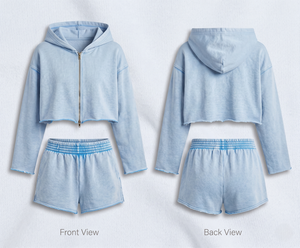 Conjunto de Shorts Casuales para Mujer, Sudadera Corta con Cierre Frontal, Cintura Alta, Teñido Liso, <span class=keywords><strong>Dos</strong></span> Piezas, Atuendo Informal para Primavera/Verano, Proveedor OEM - Product Image 2