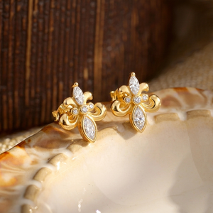 Élégantes boucles d'oreilles clous en argent sterling 925 plaqué or 18 carats, motif fleur d'iris, diamant marquise et moissanite, style vintage, pour femme - Product Image 2