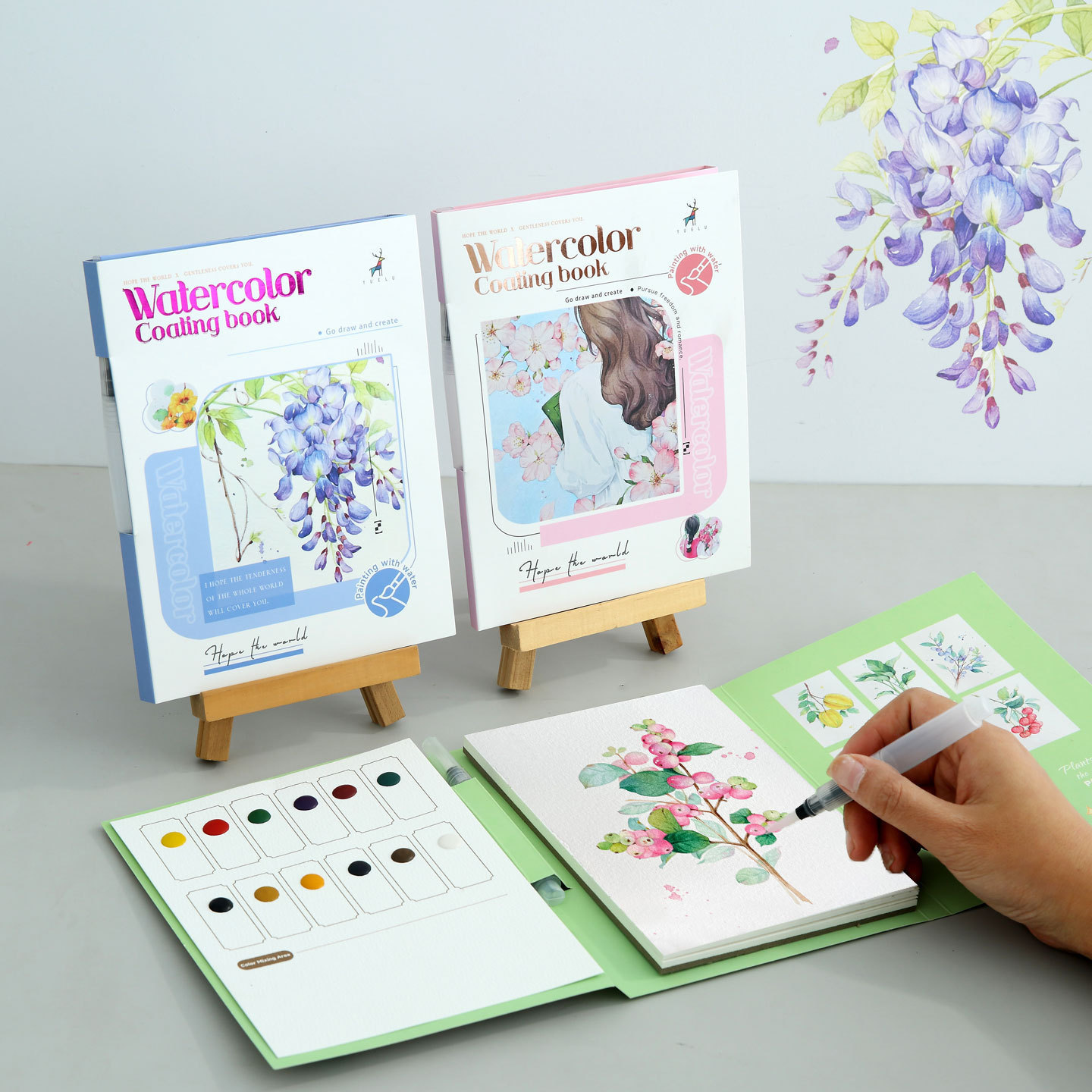 Set De 2 Libros De Pintura Con Agua Para Niños, Acuarela Portátil Con Pincel, 40 Láminas Reutilizables, Fomenta La Creatividad Y Coordinación