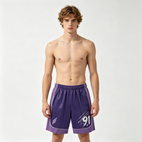 Shorts en maille violette imprimé 91, style basket, coupe vintage, streetwear, mode masculine, vente en gros, lot en vrac, été