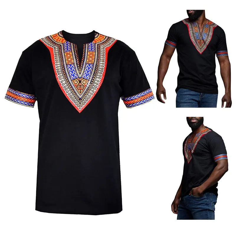 Mens African Dashiki T Shirt Tribal Floral Print V Neck Slim Fit Shirts Tops