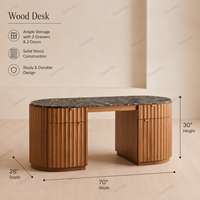 Bureau d'écriture sculptural en chêne cannelé, plateau en marbre naturel, 2 tiroirs, 2 portes, table de bureau de luxe pour projets d'aménagement de penthouse