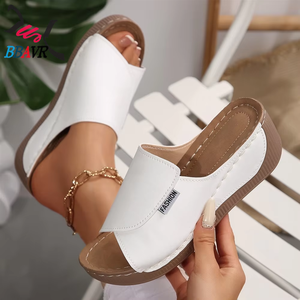Sandalias de cuña de moda para mujer al por mayor de fábrica, con parte superior de PU, suela de goma, punta abierta, calzado casual de verano - Product Image 5