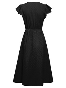 Robes décontractées pour femmes, couleur unie, col en V, taille cintrée, manches courtes à volants, tendance - Product Image 6
