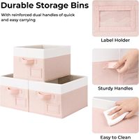 Kotak Penyimpanan Pakaian Berlabel, Organizer Lemari, Lipat, Kain, Warna Pink dan Ivory, Ukuran Besar, Set 3 Buah