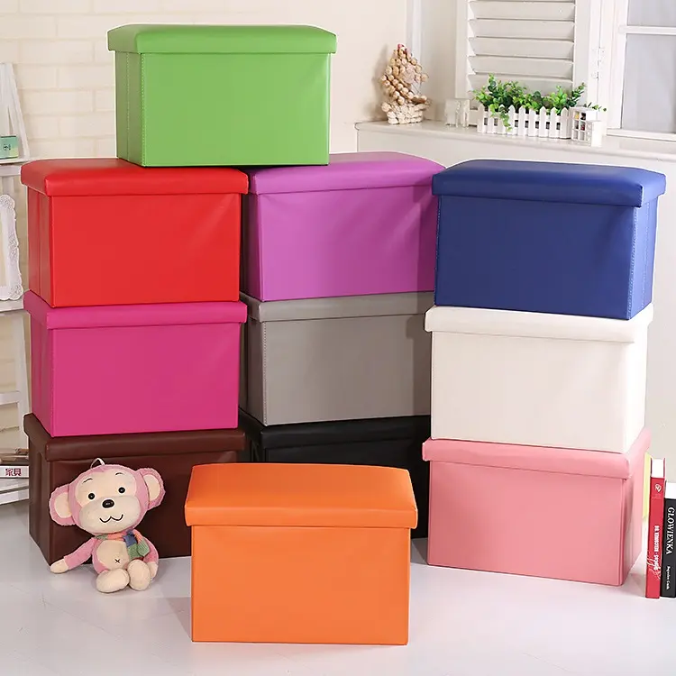 Leather Folding storage stool Toys Organizer Storage Basket Laundry Cotton Fabric Storage Box With Lid