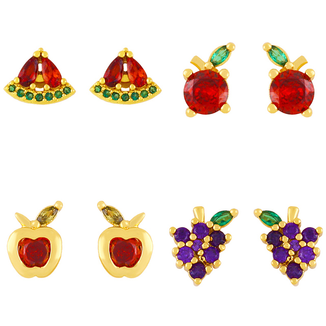 Cute Purple Grape Flower Small Gold Stud Rhinestone Apple Fruit Earrings Jewellery for Girls