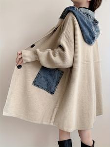 Manteau en jean élégant et décontracté pour le quotidien, long, coupe oversize, à manches chauve-souris, épais, chaud, à capuche, moelleux, boutonné, avec poches, pour l'automne - Product Image 4