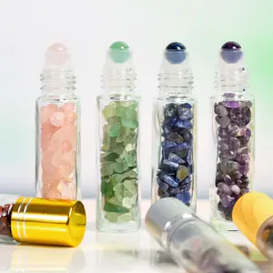 Botellas de perfume Piedras curativas de cristal Rollo de vidrio de 10ml en botella con tapa dorada/plateada