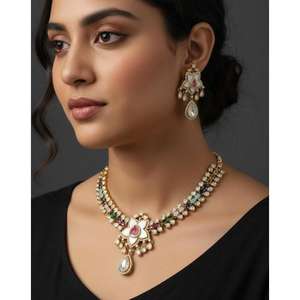 Parure de bijoux fantaisie avec collier et boucles d'oreilles pendantes, collection anti-ternissement, fait main, produit en gros, bijoux indiens pour femmes - Product Image 5