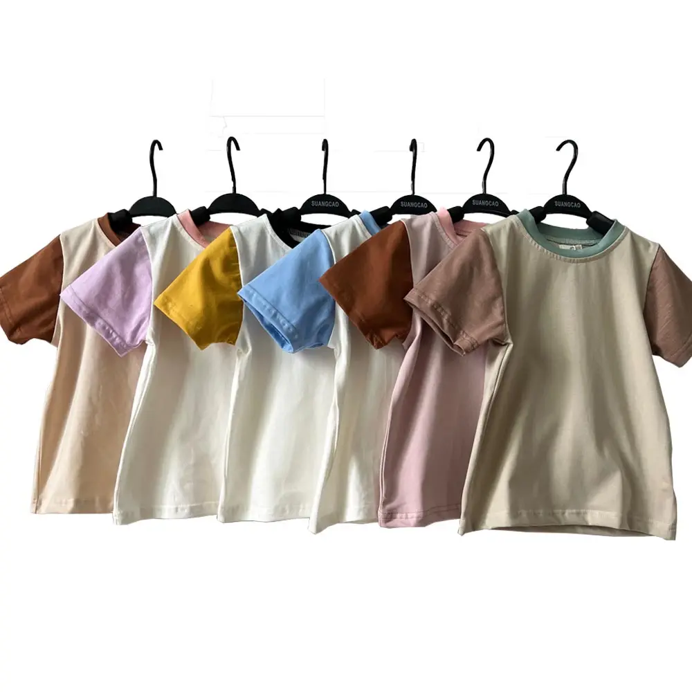 Camisetas de algodón con bloques de Color para niños, camisas básicas de cuello redondo para bebés, Unisex