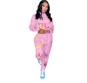 Abito da <span class=keywords><strong>donna</strong></span> di alta qualità pantaloni con cappuccio stampati con cappuccio alla moda e comodi Set di due pezzi di <span class=keywords><strong>abbigliamento</strong></span> - Product Image 2