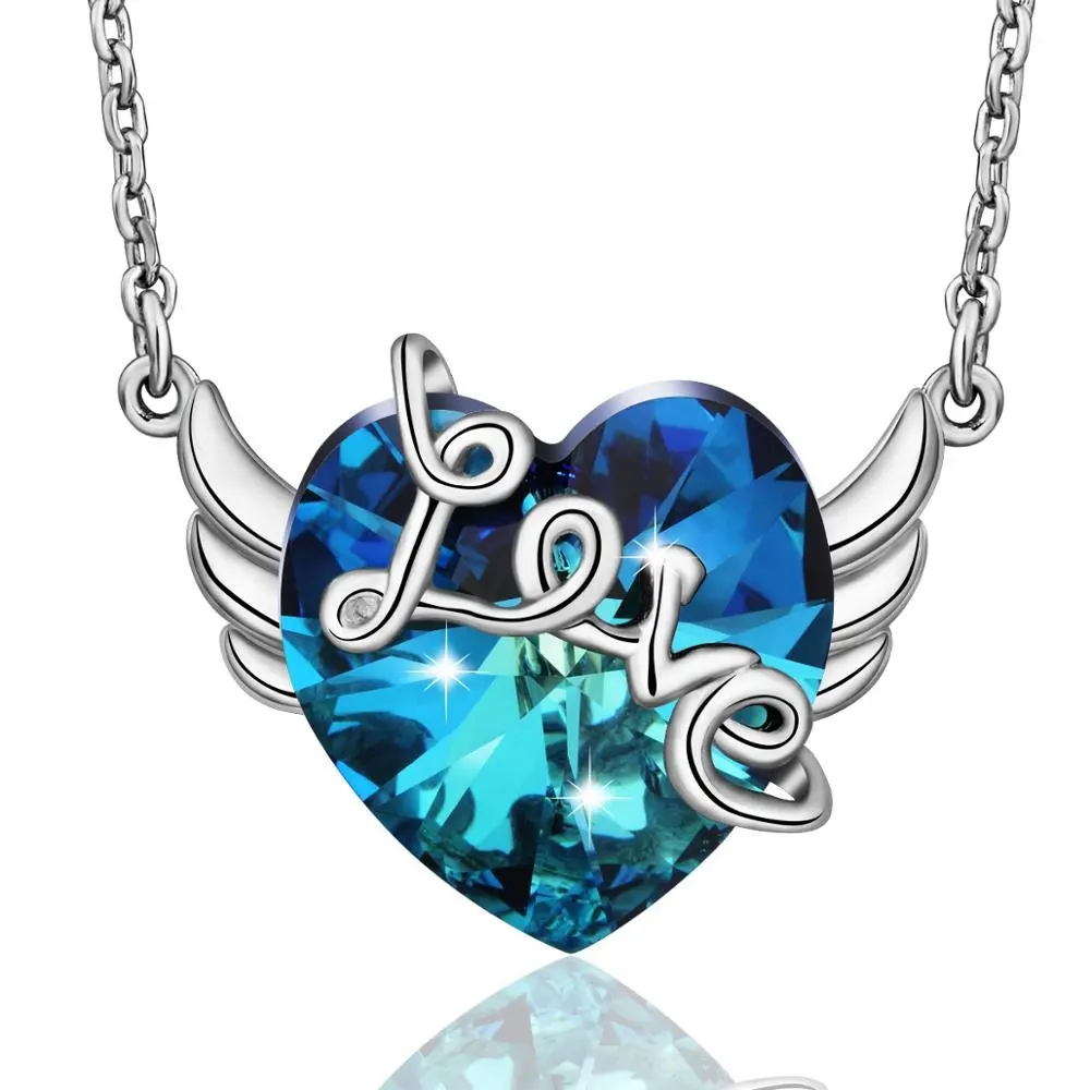 925 de ala de angel de plata cz amor azul colgante de corazón de cristal collar