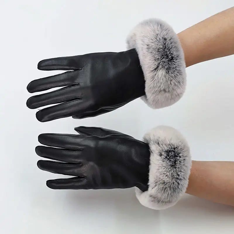 Новая мода из овечьей кожи женская полный палец с мехом кролика Зимние теплые перчатки для сенсорного экрана с защитой экрана варежки