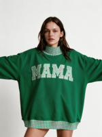 Sweat-shirt à col montant brodé patchwork pour femme, en coton, manches longues, détail ourlet brut, style décontracté et urbain, pull-over OEM