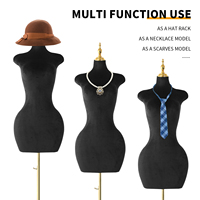 Mannequin de présentation de vêtements en velours noir pour femme, demi-corps, avec support trépied doré réglable pour adultes