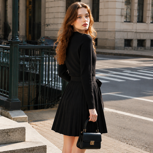 Glamour Slimming Cross Front Long Full Sleeve Stand Neck Midi Knit Frock Matte Black Bright <b>Red</b> Solid <b>Belted</b> Waist Pleated - Product Image 5