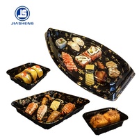Plateau à sushi jetable noir en PS en forme de bateau avec couvercle transparent anti-buée, empilable, pour vente en gros, conteneur japonais pour sushi à emporter