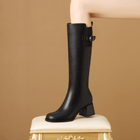Bottes d'équitation d'hiver en cuir véritable à bout carré, montantes, à talon épais et fermeture éclair