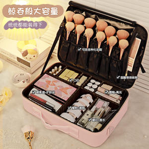 Bolsa de cosméticos rosa de gran capacidad, estuche de almacenamiento de cuero PU con asa suave para viajes y uso doméstico - Product Image 3