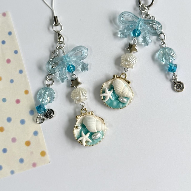 AM Blue Ins Summer Beach Keychain Girl Sweet Bow Knot Seashell Starfish Pendant Cute Gubenchain