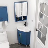 Meuble de salle de bain autoportant avec lavabo, armoire d'angle en aluminium bleu marine, poignée dorée, plateau en marbre, lavabo en céramique à encastrer sous le plan