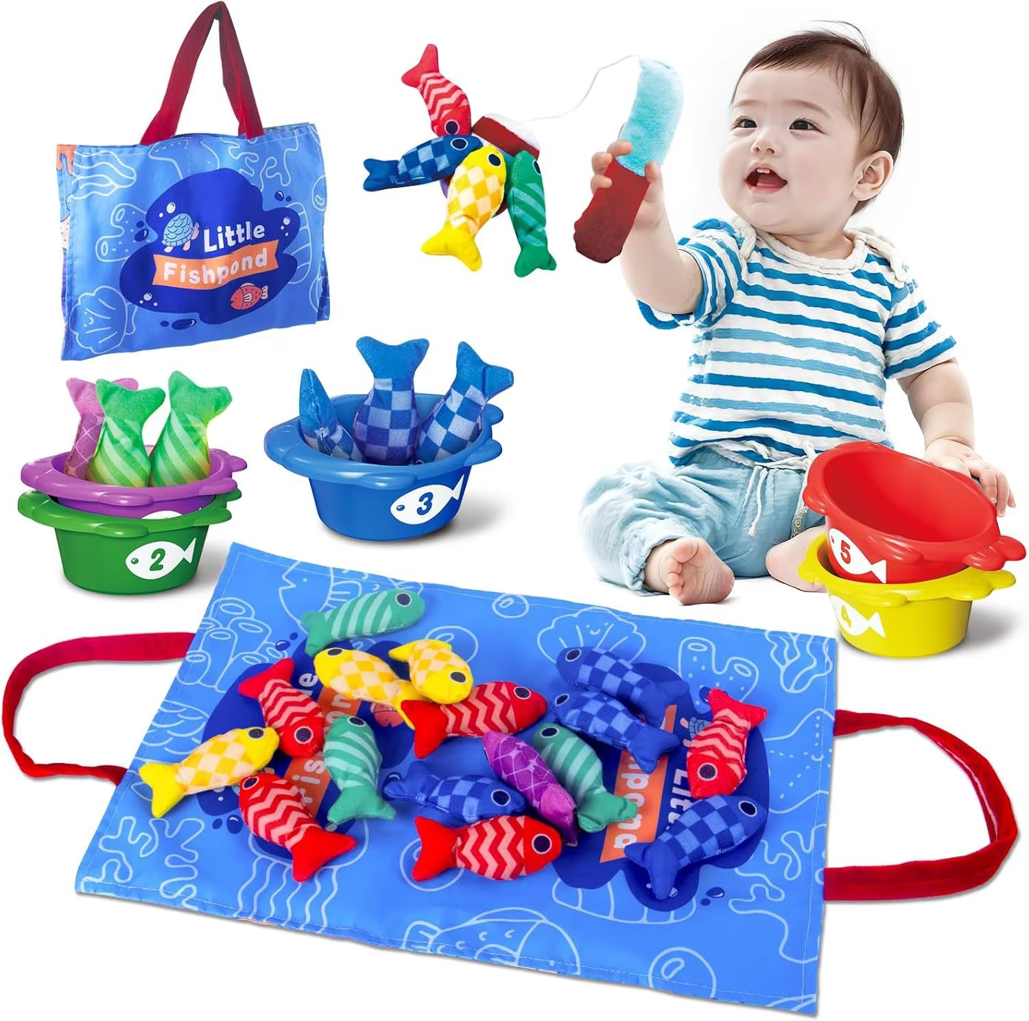 Montessori Sensory Fishing Toy Set for Toddlers - Educational Cloth Fishing Game with Storage Mat Fine Motor Skills Development