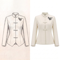 Blazer Wanita Warna Ivory Kerah Bulat Tanpa Kerah Kancing Tunggal Empat Kancing Jaket Peplum Lengan Panjang Kantor Resepsi Hotel Custom