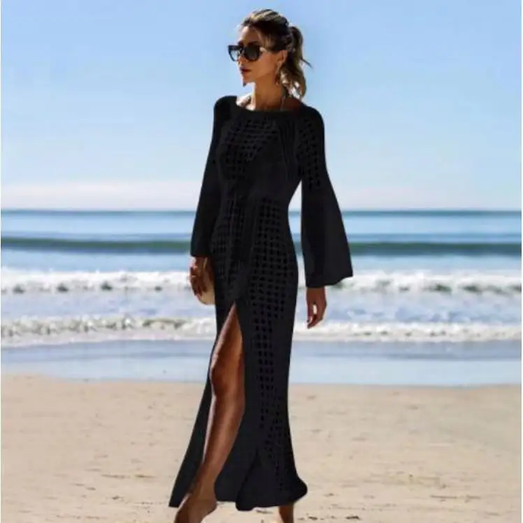 New Knitted Beach Cover up Maxi dress Tunic Long Pareos Crochet Bikini Cover Ups