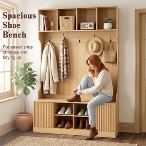 SENYU Modern Solid Wood Entryway Bench <b>with</b> <b>Coat</b> Rack 4 <b>Hooks</b> 5 <b>Shelves</b> Multipurpose Storage Furniture Scandinavian Style - Product Image 5