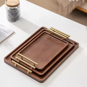 Bulk Order Modern Walnut Wood Rectangular Serving Platter Plate with Gold Metal Handles Decorative Tray for Coffee Table Decor - Product Image 2