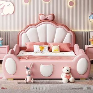 Castle <b>Slide</b> Kids <b>Bed</b> with Pink Bow Design Solid Wood Frame & Safety Guardrails for Girls Playful Princess Theme - Product Image 1