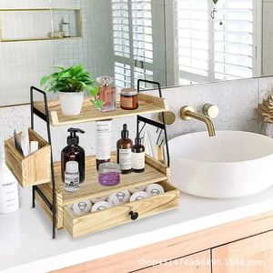 Étagère de rangement double couche en bois et métal pour bureau, avec tiroirs, pour comptoir de salle de bain et épices de cuisine - Product Image 1