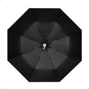 Parapluie de voyage manuel pliable en trois sections en pongé avec revêtement noir, poignée en bois, anti-UV, motif à pois pour femme - Product Image 3