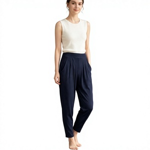 Pantalon de jogging taille haute bleu marine avec poches, extensible, sans couture, tricoté, longueur cheville, leggings pour femmes, toutes saisons, couleur unie - Product Image 3