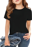 Camisetas de Cuello Redondo para Niñas, Tops de Verano para Niños, Camisetas Personalizadas de Moda Básica de Manga Corta al por Mayor, Mezcla de 60% Poliéster y 40% Algodón