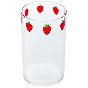 Taza de agua transparente con pajita para estudiantes, vaso de vidrio transparente con diseño de fresa, resistente al calor, 300ml