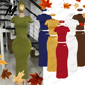 Abiti da <span class=keywords><strong>Donna</strong></span> Autunnali, Abbigliamento Casual, T-shirt in <span class=keywords><strong>Cotone</strong></span> a Maniche Corte, Gonna Lunga Aderente, Set di 2 Pezzi - Product Image 5