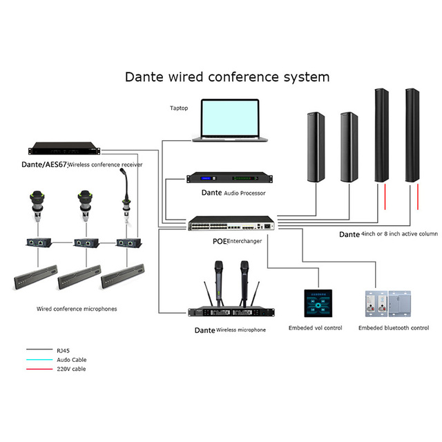 Dante Digital Audio Conference System POE Supply DSP Amplifier Wired Microphones Voting Function RJ45 Large Conference Centers
