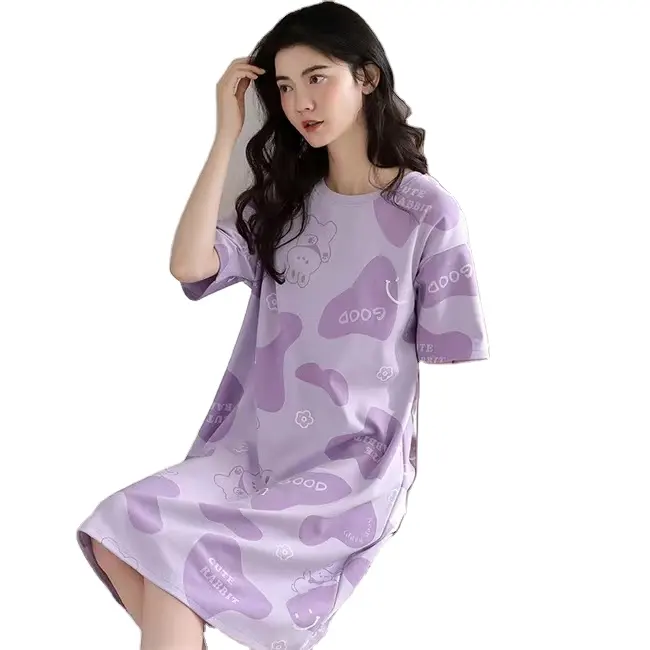 Pijama de verano para mujer imita algodón lindo camisón de manga corta dibujos animados de gran tamaño Falda larga ropa de casa se puede usar