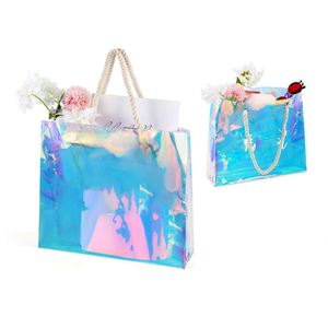 Sac transparent holographique en PVC imperméable avec poignée en corde, idéal pour le travail, la plage, le déjeuner, les mariages, les anniversaires, motif arc-en-ciel - Product Image 6