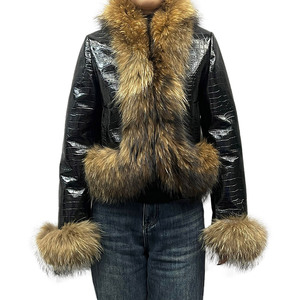 Jancoco, abrigo de cuero auténtico de alta calidad para mujer, chaquetas cortas personalizadas de cuero genuino con puños de Cuello de piel de mapache - Product Image 1