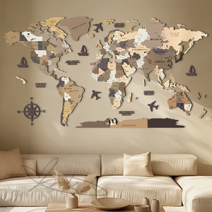 <span class=keywords><strong>Autocollant</strong></span> mural Art Déco en bois neutre pour anniversaire, avec carte du monde et motifs gravés des pays et de leurs capitales - Product Image 2