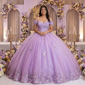 Lsany286 Lavender Quinceanera <b>Dress</b> 3D Floral Lace Applique <b>Ruffled</b> Sleeve Glitter Tulle Ball Gown Scalloped Hem Jancember - Product Image 1