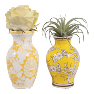 Vaso in Ceramica con Design Floreale Chinoiserie, Giallo e Bianco, Pezzo Decorativo per Soggiorno - Product Image 2