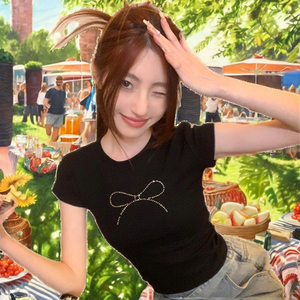 Camiseta Casual de Verano para Mujer, Transpirable, de Poliéster, Ajustada, de Manga Corta, con Diseño Sólido y Lazo Negro que Expone el Ombligo - Product Image 2